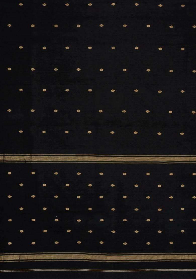 Black Handloom Maheswari Silk Cotton Saree With Floral Buttas Zari Border With Buttas And Brocade Design For Women - Indya