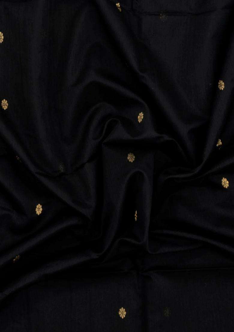 Black Handloom Maheswari Silk Cotton Saree With Floral Buttas Zari Border With Buttas And Brocade Design For Women - Indya
