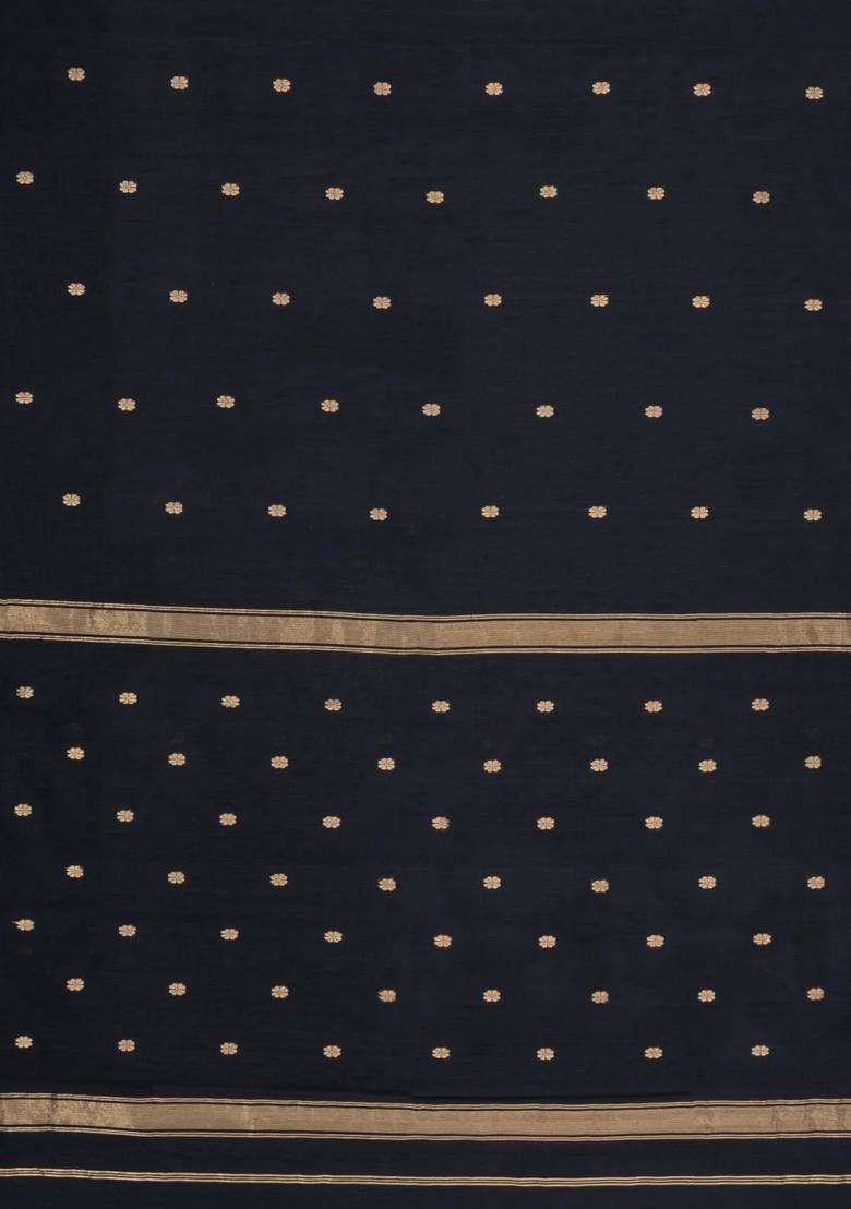 Black Handloom Maheswari Silk Cotton Saree With Floral Buttas Zari Border With Buttas And Brocade Design For Women - Indya