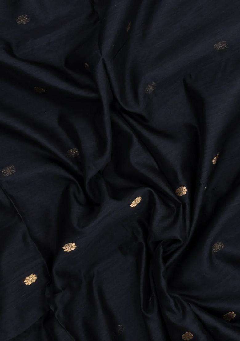 Black Handloom Maheswari Silk Cotton Saree With Floral Buttas Zari Border With Buttas And Brocade Design For Women - Indya