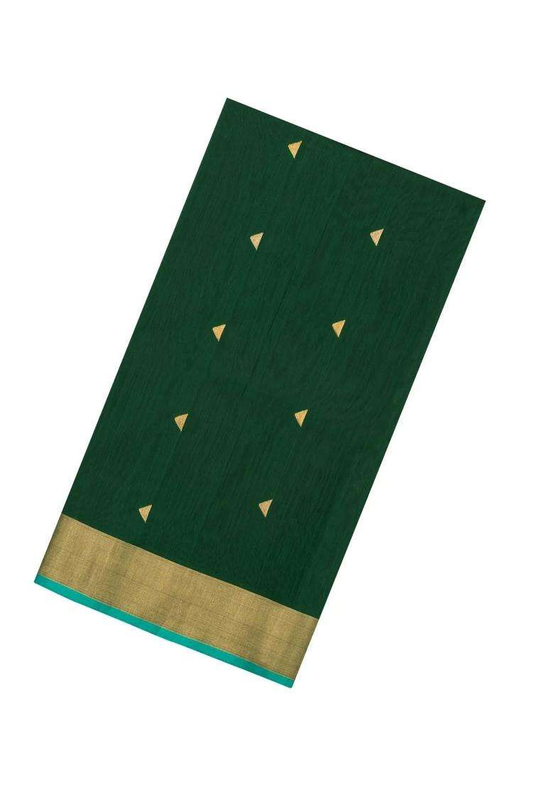 Dark Green Handloom Maheswari Silk Cotton Saree With Buttas Zari Border With Buttas And Brocade Design For Women - Indya