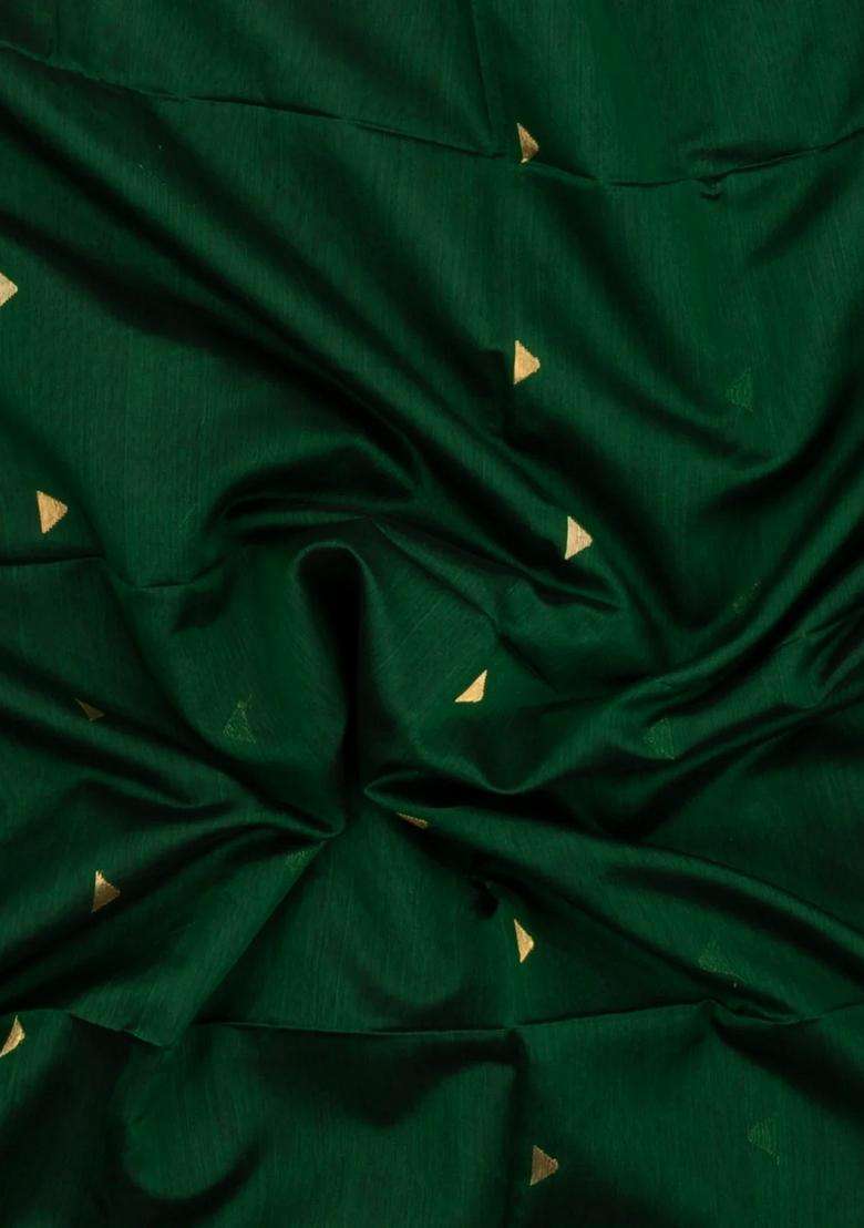 Dark Green Handloom Maheswari Silk Cotton Saree With Buttas Zari Border With Buttas And Brocade Design For Women - Indya