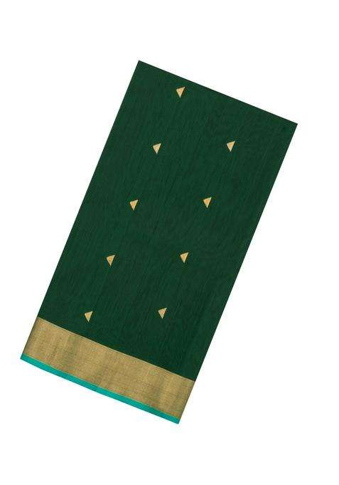 Dark Green Handloom Maheswari Silk Cotton Saree With Buttas Zari Border With Buttas And Brocade Design For Women