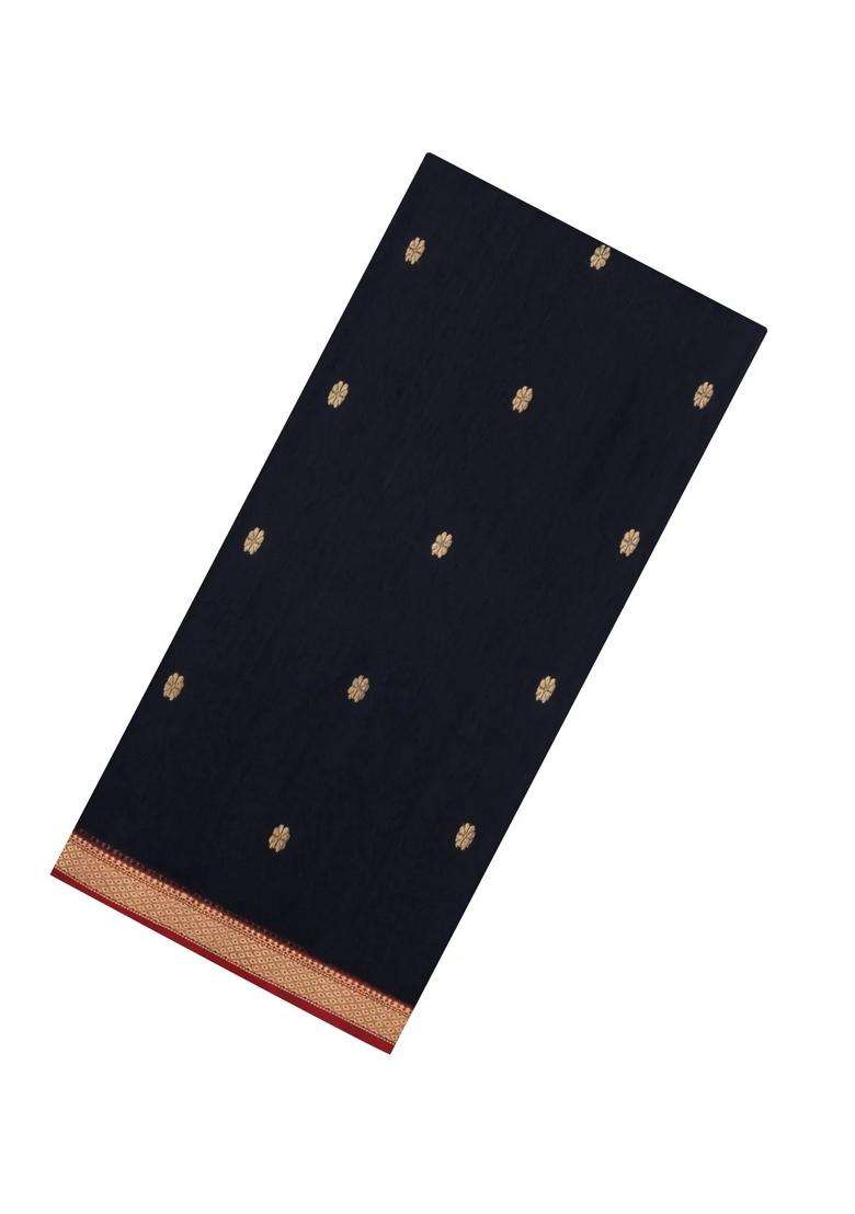Black Handloom Maheswari Silk Cotton Saree With Buttas Zari Border With Buttas And Brocade Design For Women - Indya