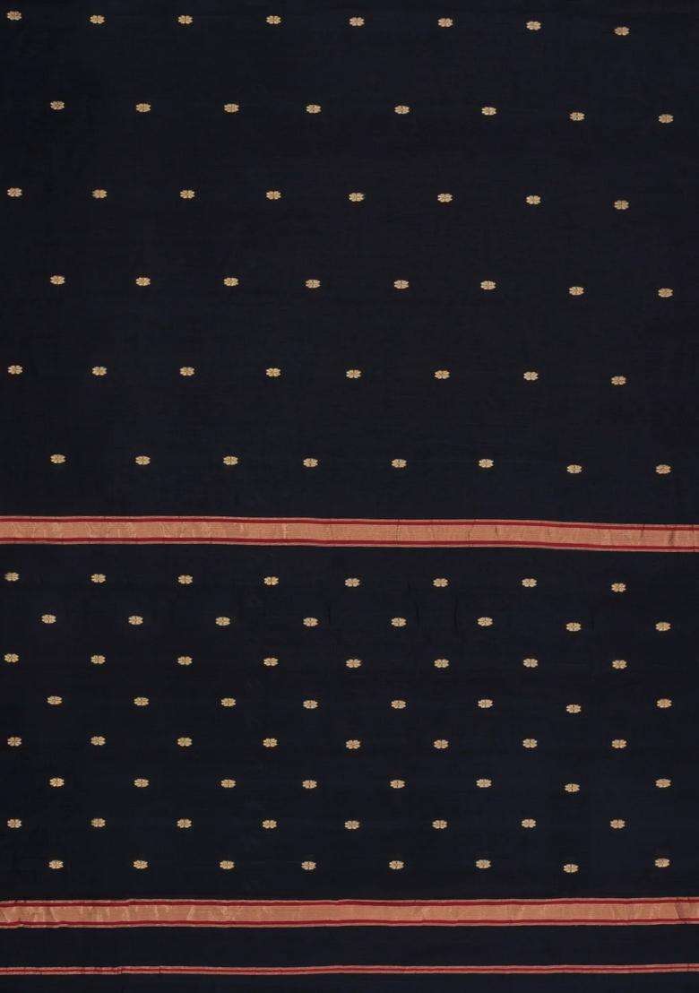 Black Handloom Maheswari Silk Cotton Saree With Buttas Zari Border With Buttas And Brocade Design For Women - Indya