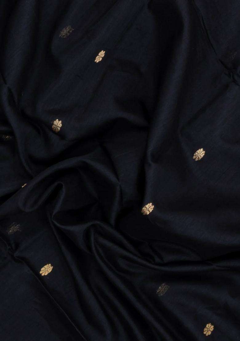 Black Handloom Maheswari Silk Cotton Saree With Buttas Zari Border With Buttas And Brocade Design For Women - Indya