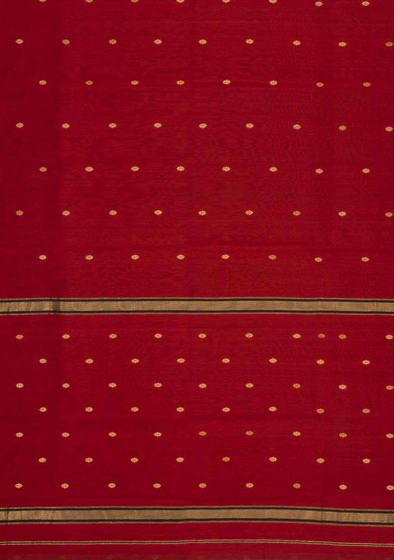 Red Handloom Maheswari Silk Cotton Saree With Buttas Zari Border With Buttas And Brocade Design For Women - Indya