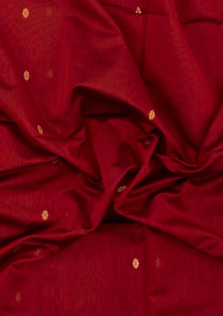 Red Handloom Maheswari Silk Cotton Saree With Buttas Zari Border With Buttas And Brocade Design For Women - Indya