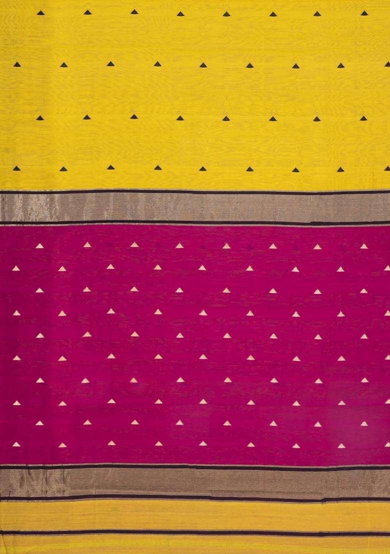 Mustard Handloom Maheswari Silk Cotton Saree With Buttas Zari Border With Buttas And Brocade Design For Women - Indya