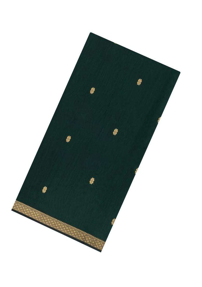 Bottle Green Handloom Maheswari Silk Cotton Saree With Buttas Zari Border With Buttas And Brocade Design For Women - Indya