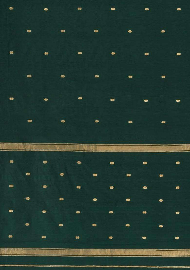 Bottle Green Handloom Maheswari Silk Cotton Saree With Buttas Zari Border With Buttas And Brocade Design For Women - Indya