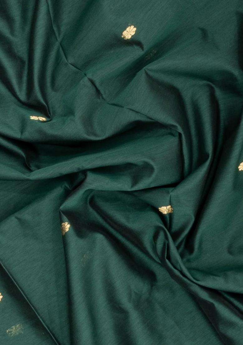 Bottle Green Handloom Maheswari Silk Cotton Saree With Buttas Zari Border With Buttas And Brocade Design For Women - Indya