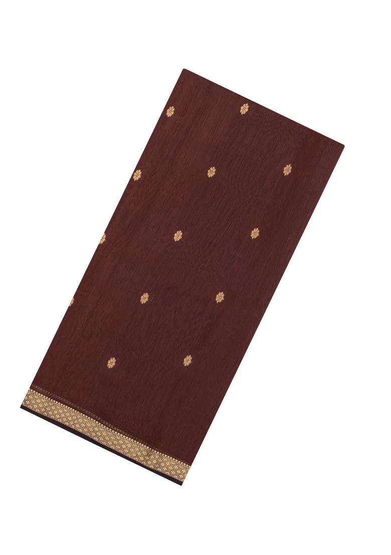 Brown Handloom Maheswari Silk Cotton Saree With Buttas Zari Border With Buttas And Brocade Design For Women - Indya
