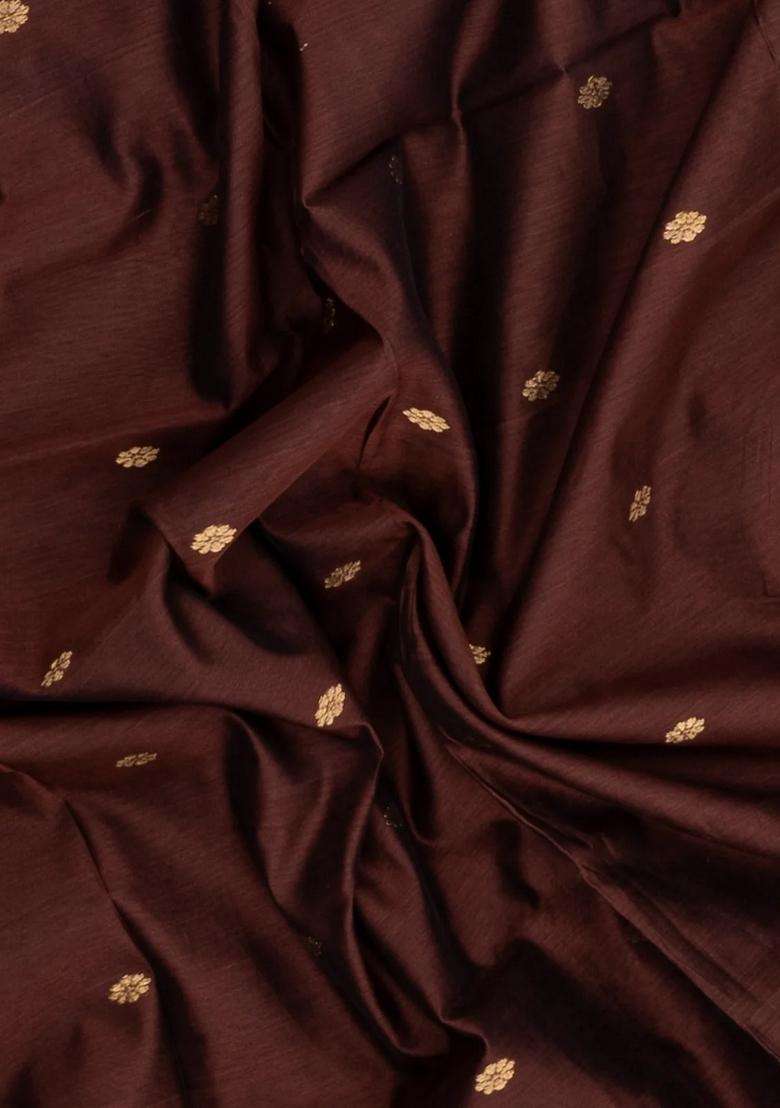 Brown Handloom Maheswari Silk Cotton Saree With Buttas Zari Border With Buttas And Brocade Design For Women - Indya