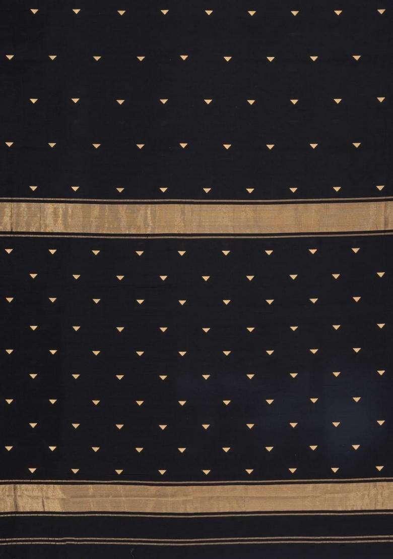 Black Handloom Maheswari Silk Cotton Saree With Floral Buttas Zari Border With Buttas And Brocade Design For Women - Indya