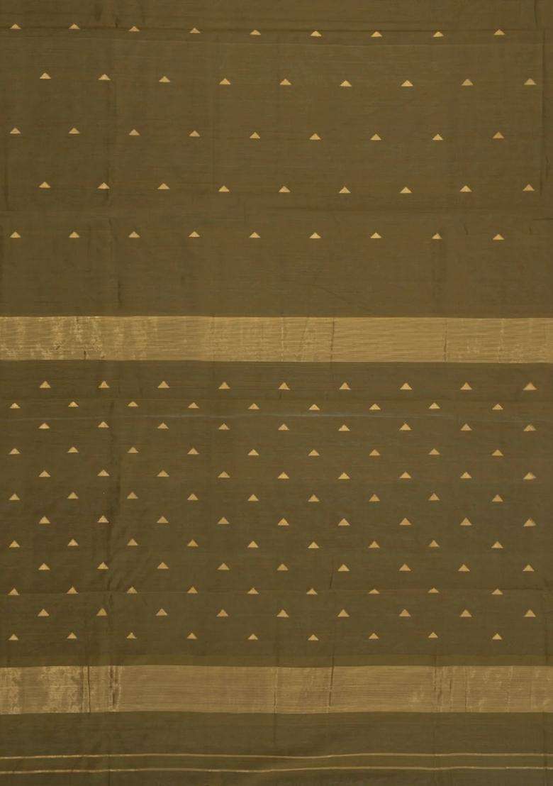 Olive Green Handloom Maheswari Silk Cotton Saree With Floral Buttas Zari Border With Buttas And Brocade Design For Women - Indya
