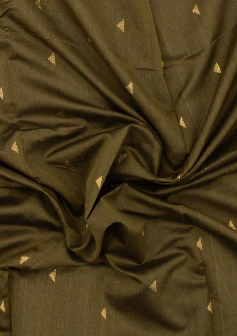 Olive Green Handloom Maheswari Silk Cotton Saree With Floral Buttas Zari Border With Buttas And Brocade Design For Women - Indya