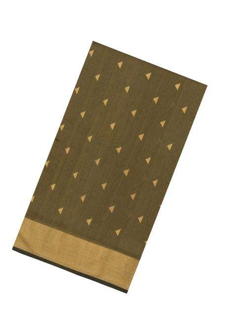 Olive Green Handloom Maheswari Silk Cotton Saree With Floral Buttas Zari Border With Buttas And Brocade Design For Women
