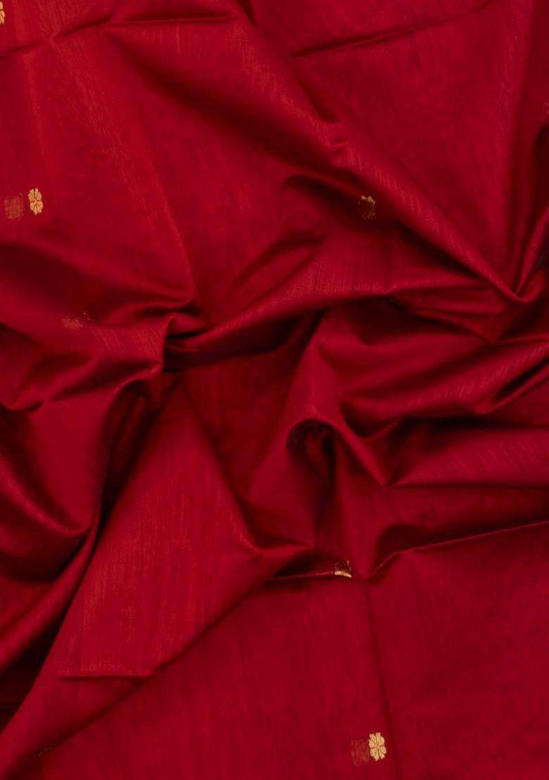 Red Handloom Maheswari Silk Cotton Saree With Buttas Zari Border With Buttas And Brocade Design For Women - Indya