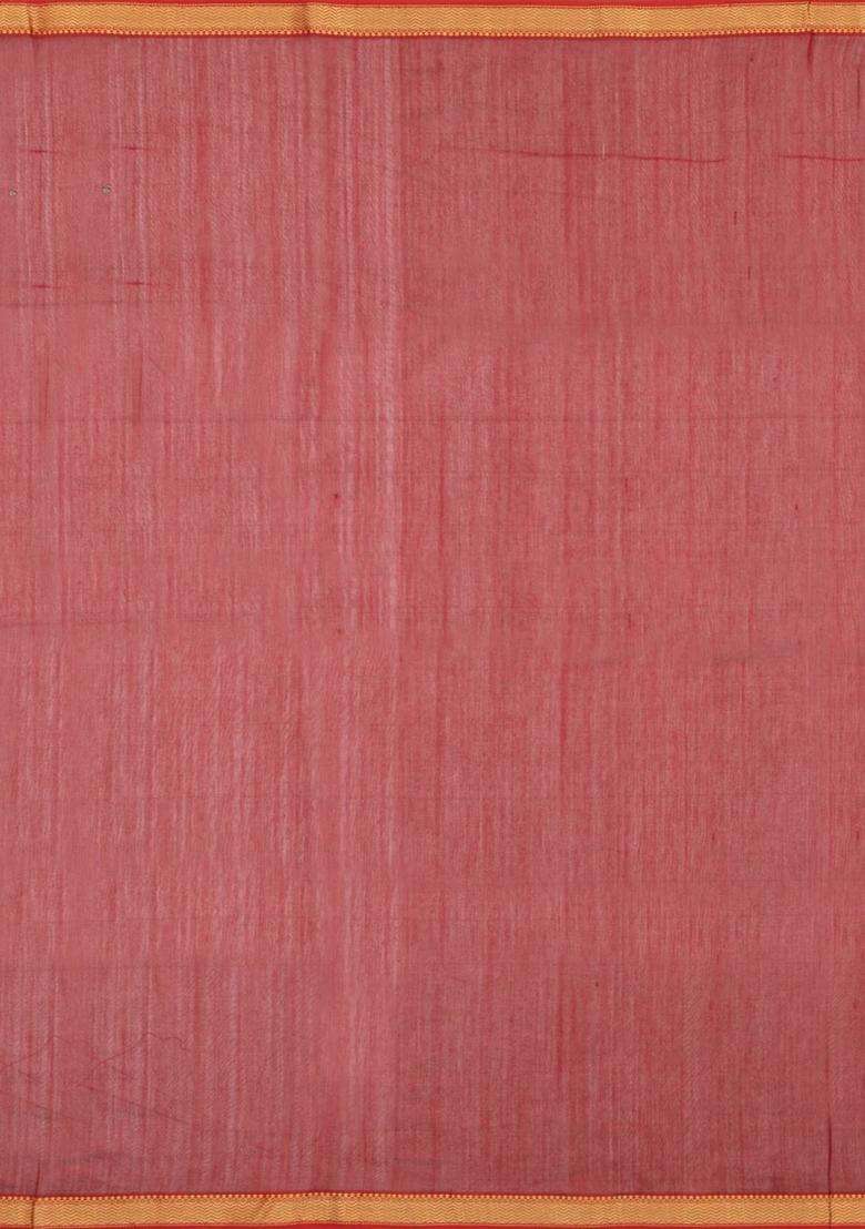 Red Handloom Maheswari Silk Cotton Saree With Buttas Zari Border With Buttas And Brocade Design For Women - Indya