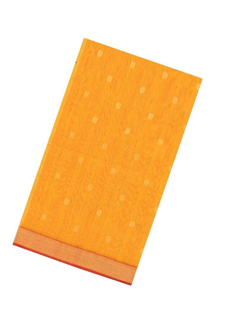 Mango Yellow Handloom Maheswari Silk Cotton Saree With Buttas Zari Border With Buttas And Brocade Design For Women - Indya