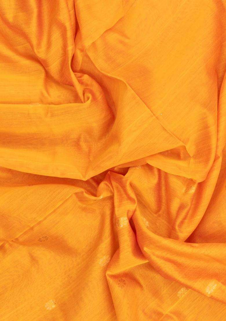 Mango Yellow Handloom Maheswari Silk Cotton Saree With Buttas Zari Border With Buttas And Brocade Design For Women - Indya