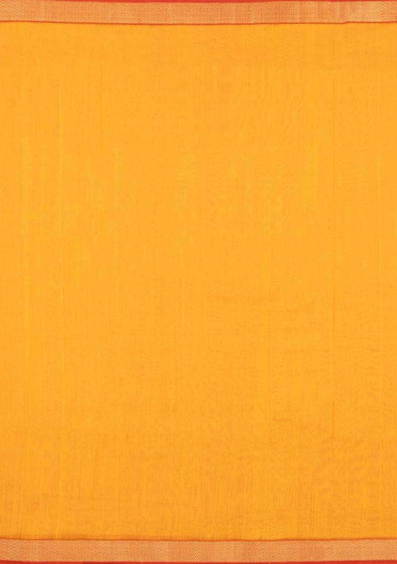 Mango Yellow Handloom Maheswari Silk Cotton Saree With Buttas Zari Border With Buttas And Brocade Design For Women - Indya