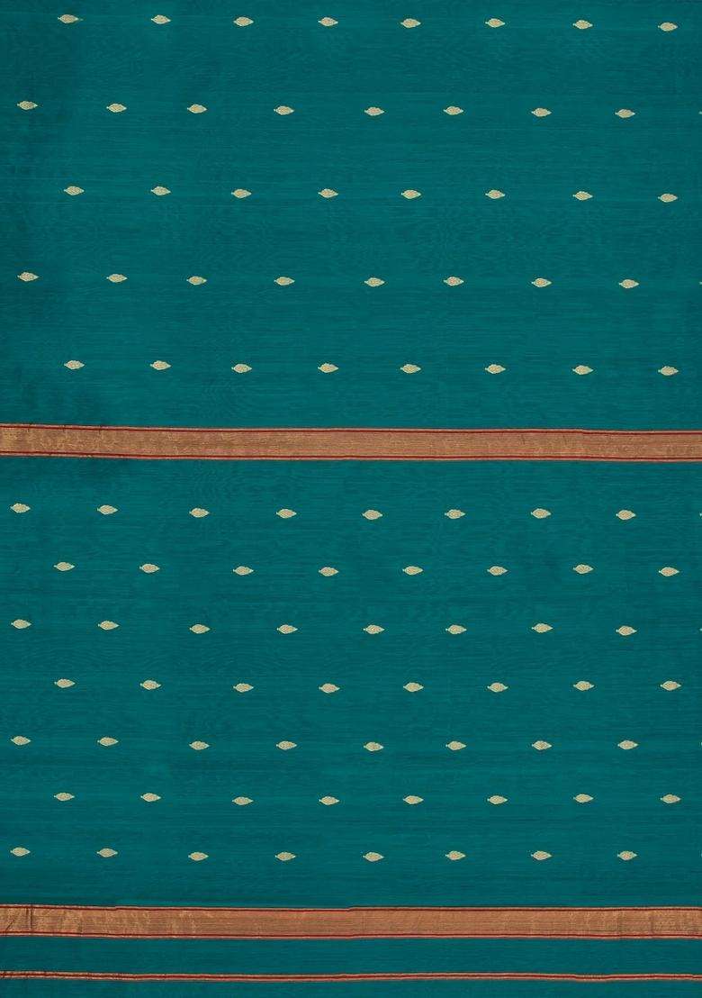 Sea Green Handloom Maheswari Silk Cotton Saree With Buttas Zari Border With Buttas And Brocade Design For Women - Indya