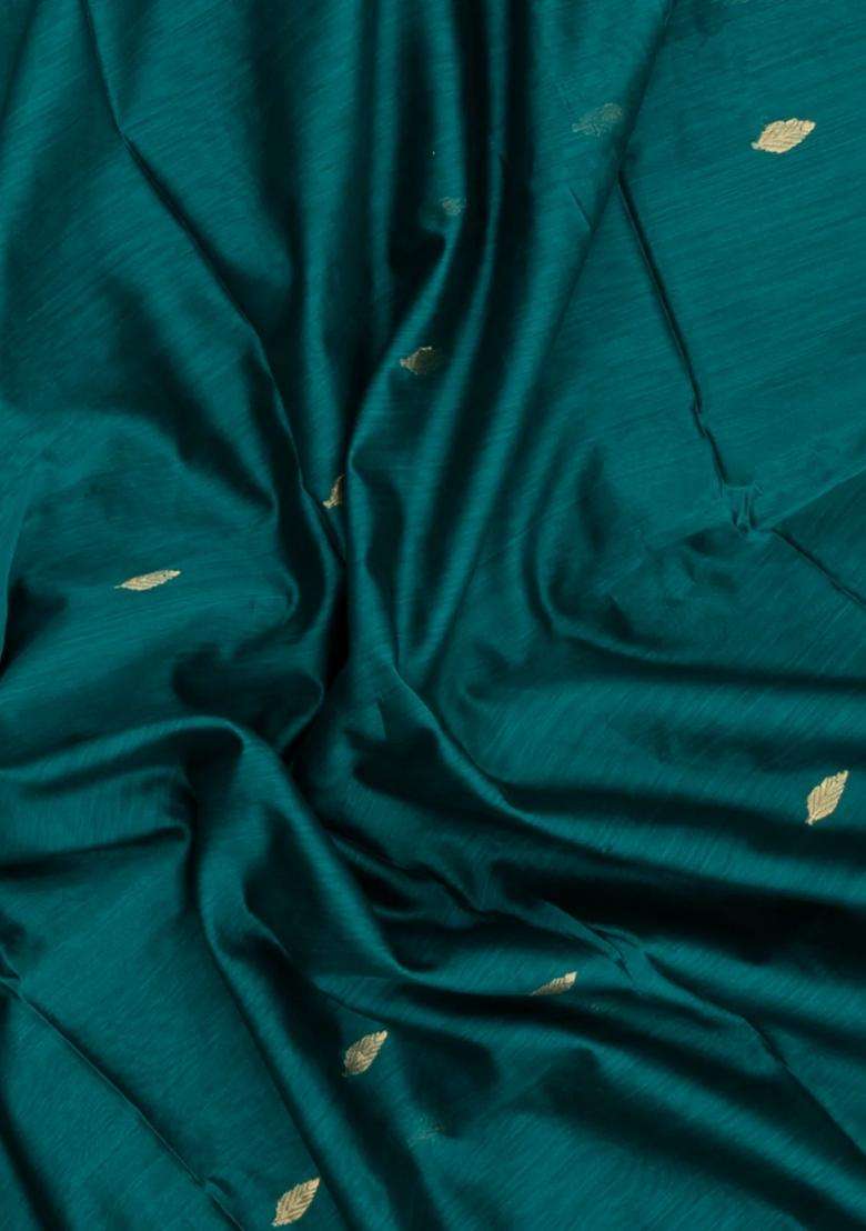 Sea Green Handloom Maheswari Silk Cotton Saree With Buttas Zari Border With Buttas And Brocade Design For Women - Indya