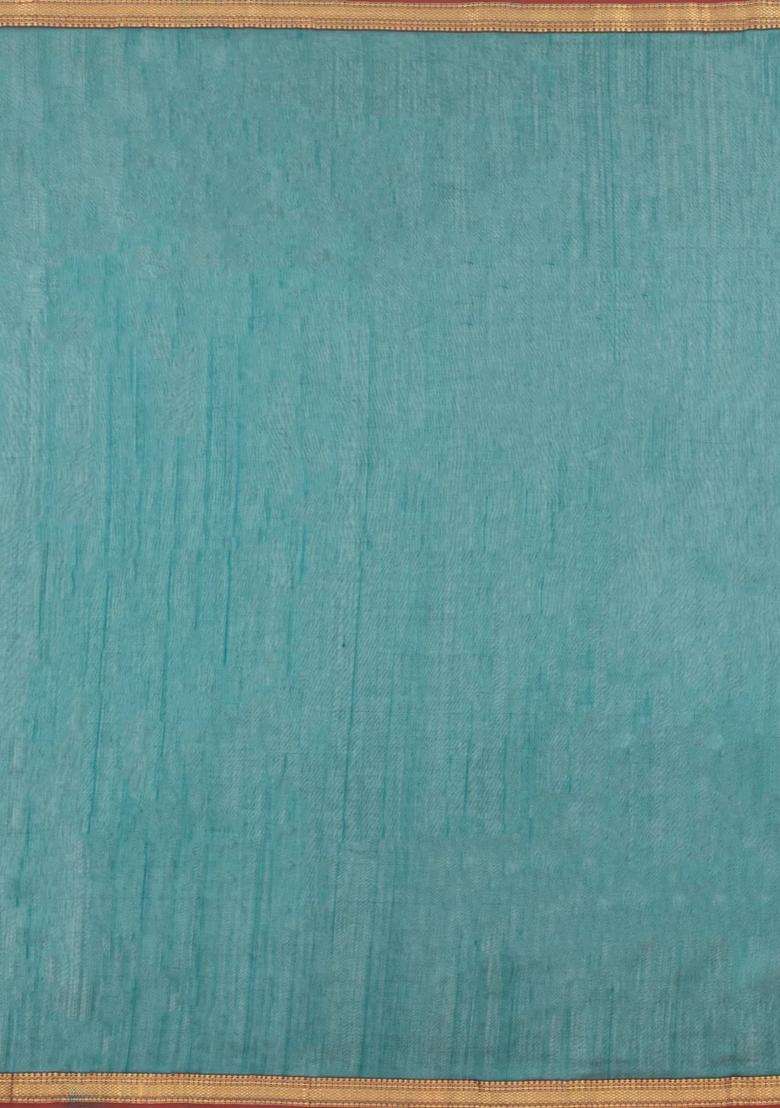 Sea Green Handloom Maheswari Silk Cotton Saree With Buttas Zari Border With Buttas And Brocade Design For Women - Indya