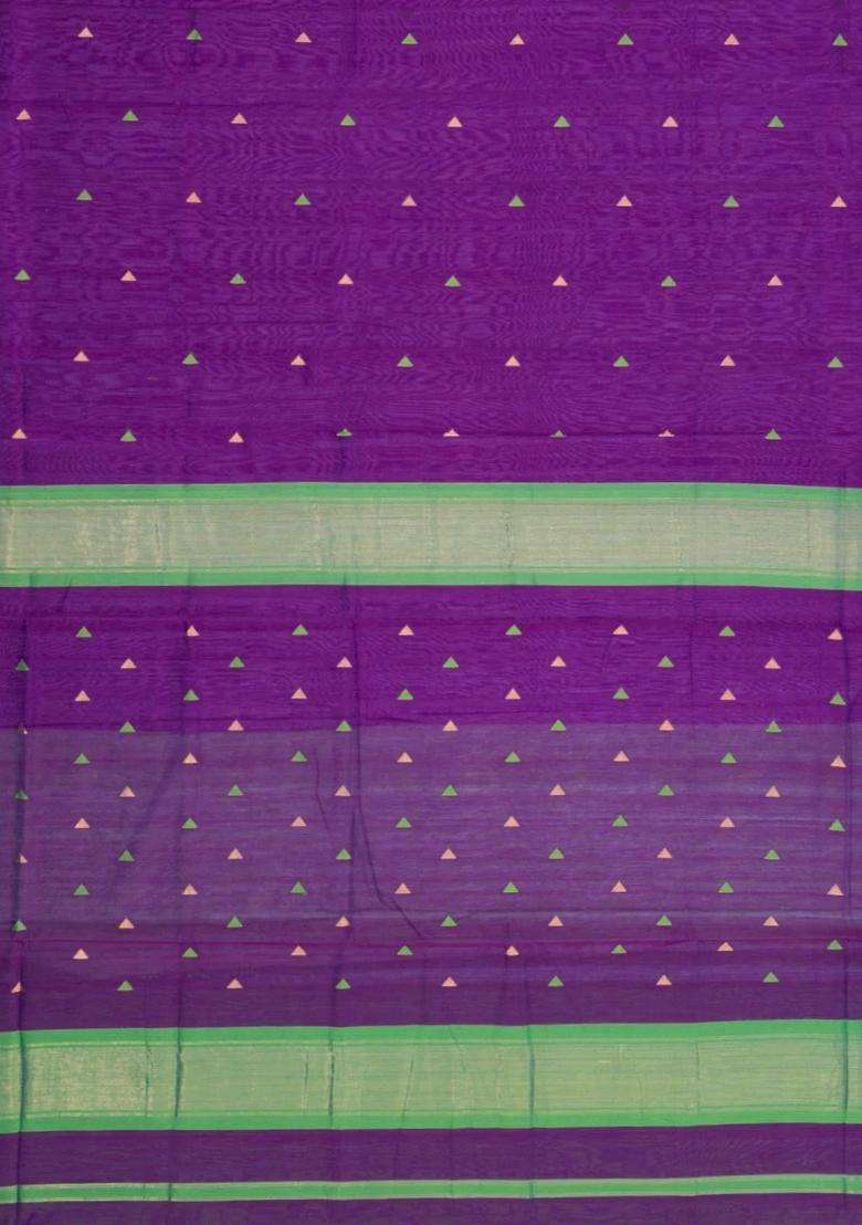 Purple Handloom Maheswari Silk Cotton Saree With Buttas Zari Border With Buttas And Brocade Design For Women - Indya