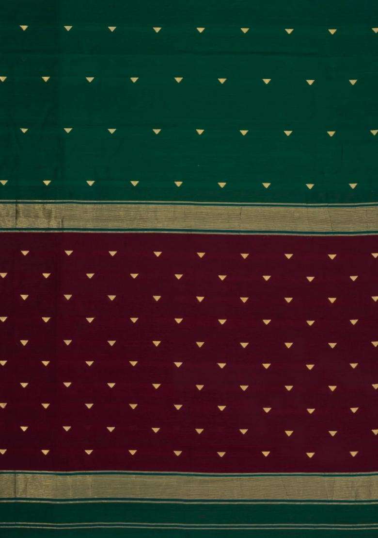 Dark Green Handloom Maheswari Silk Cotton Saree With Buttas Zari Border With Buttas And Brocade Design For Women - Indya
