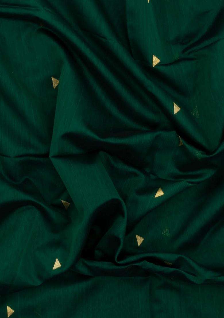 Dark Green Handloom Maheswari Silk Cotton Saree With Buttas Zari Border With Buttas And Brocade Design For Women - Indya