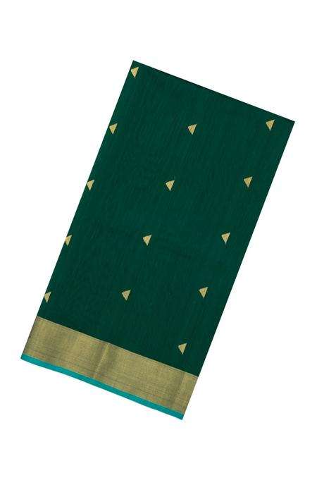 Dark Green Handloom Maheswari Silk Cotton Saree With Buttas Zari Border With Buttas And Brocade Design For Women