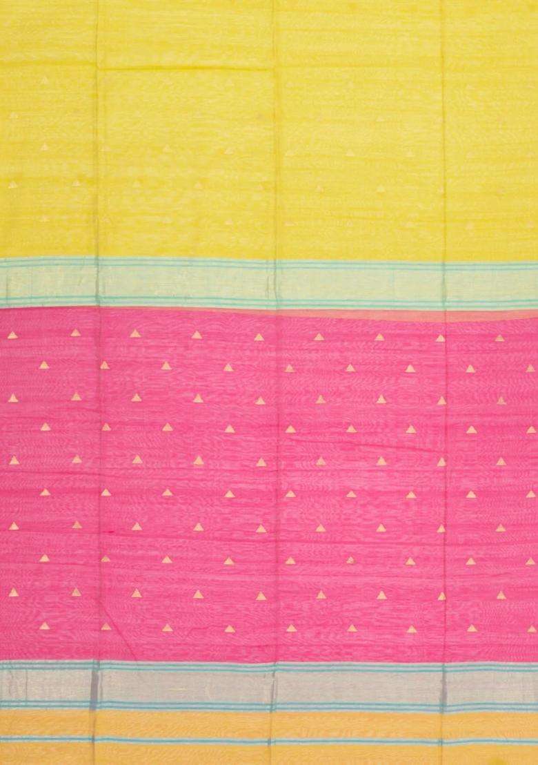 Yellow Handloom Maheswari Silk Cotton Saree With Buttas Zari Border With Buttas And Brocade Design For Women - Indya