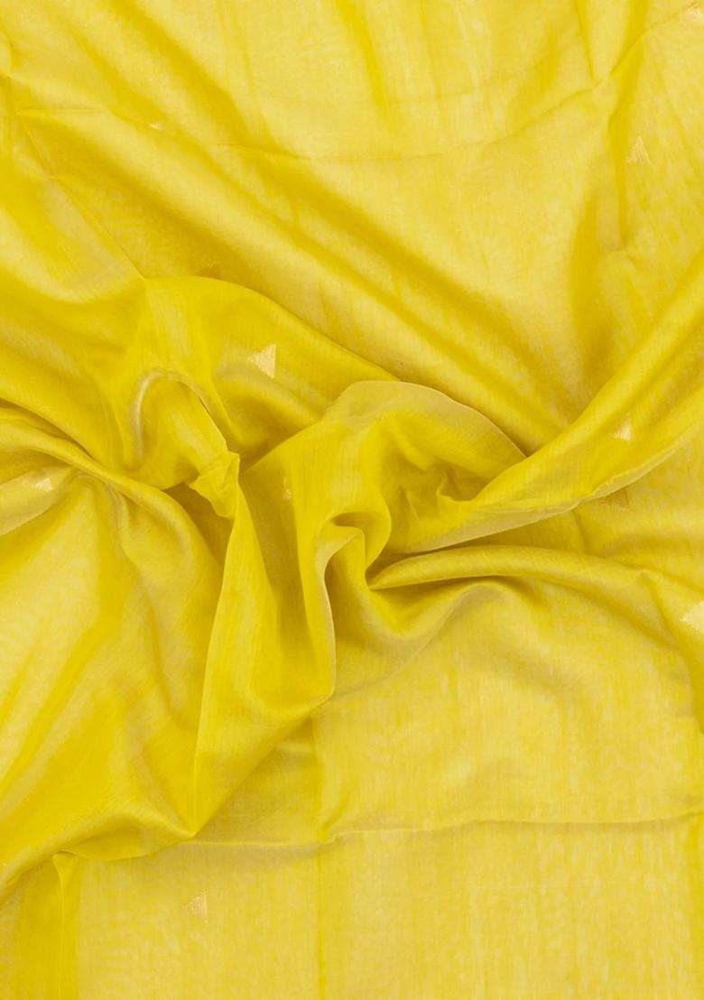 Yellow Handloom Maheswari Silk Cotton Saree With Buttas Zari Border With Buttas And Brocade Design For Women - Indya