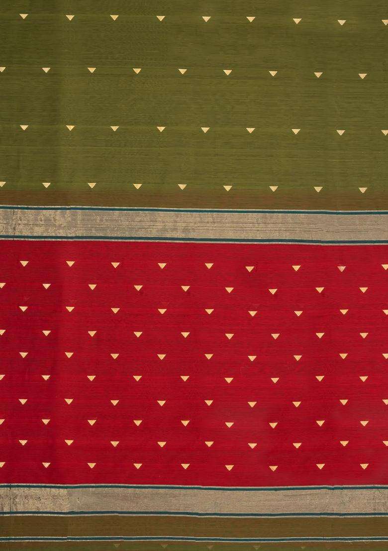 Dark Olive Handloom Maheswari Silk Cotton Saree With Buttas Zari Border With Buttas And Brocade Design For Women - Indya