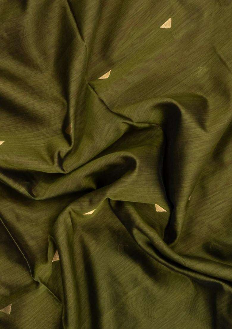 Dark Olive Handloom Maheswari Silk Cotton Saree With Buttas Zari Border With Buttas And Brocade Design For Women - Indya