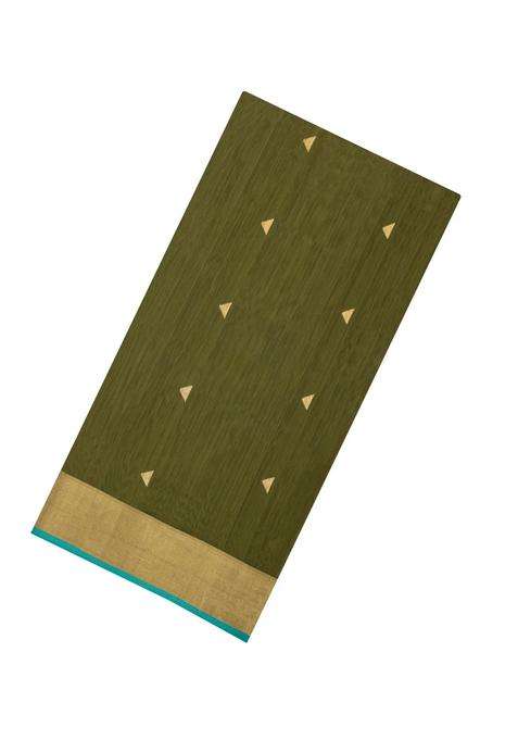 Dark Olive Handloom Maheswari Silk Cotton Saree With Buttas Zari Border With Buttas And Brocade Design For Women