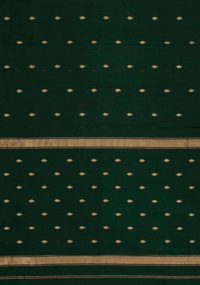 Bottle Green Handloom Maheswari Silk Cotton Saree With Buttas Zari Border With Buttas And Brocade Design For Women - Indya