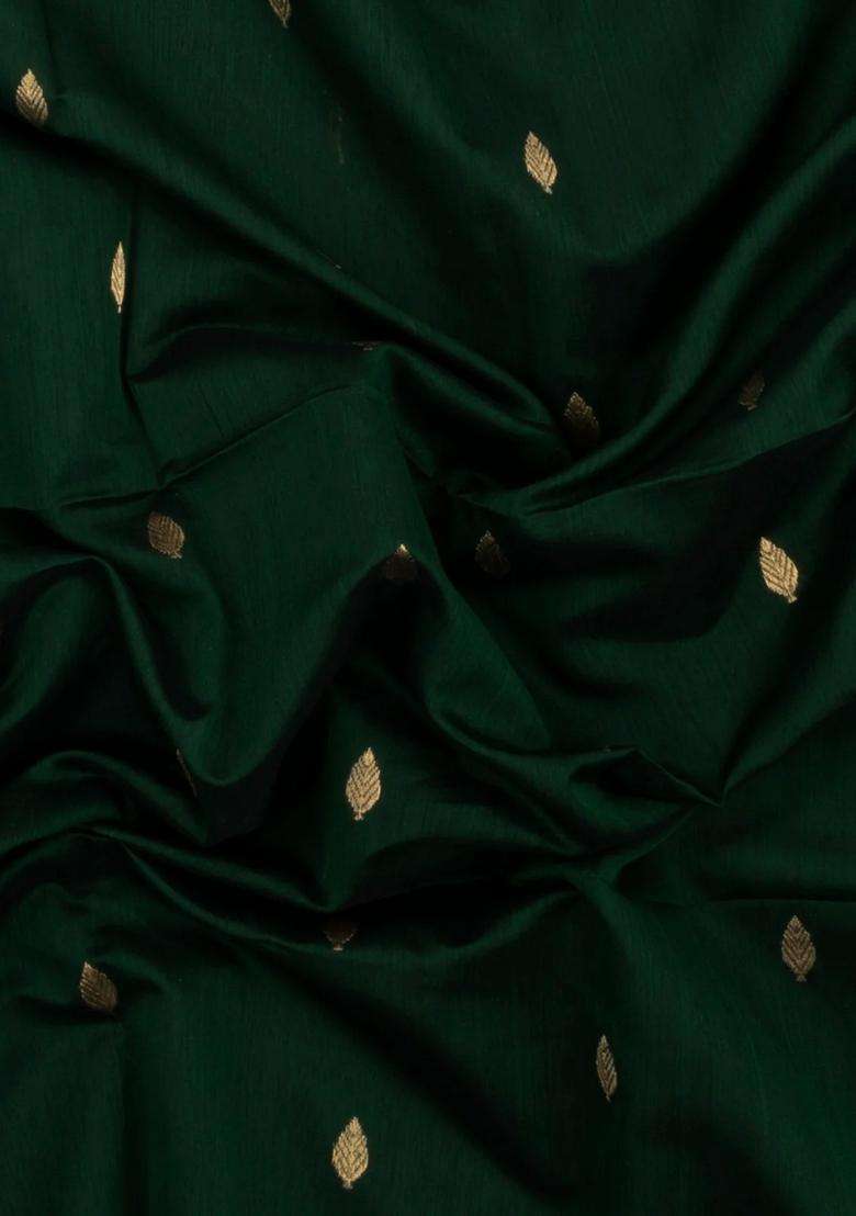Bottle Green Handloom Maheswari Silk Cotton Saree With Buttas Zari Border With Buttas And Brocade Design For Women - Indya