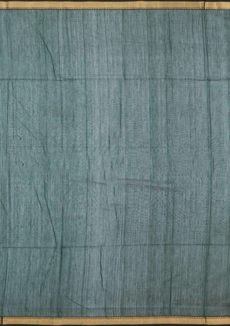 Bottle Green Handloom Maheswari Silk Cotton Saree With Buttas Zari Border With Buttas And Brocade Design For Women - Indya