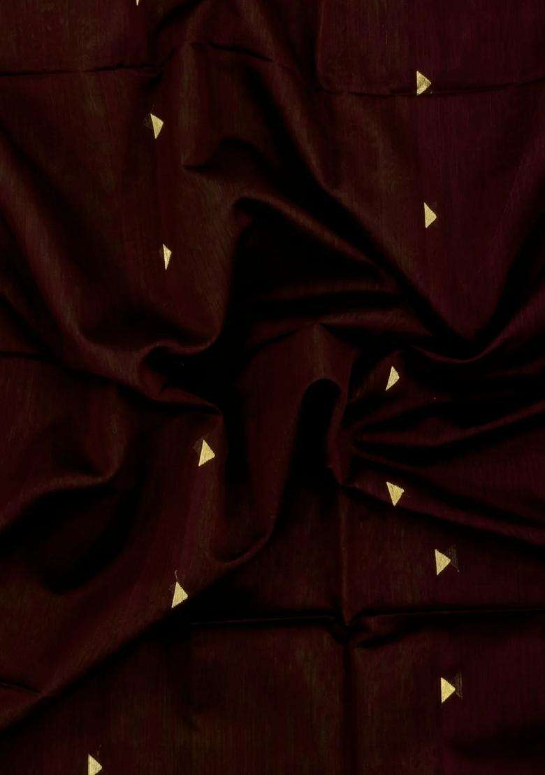 Dark Maroon Handloom Maheswari Silk Cotton Saree With Buttas Zari Border With Buttas And Brocade Design For Women - Indya