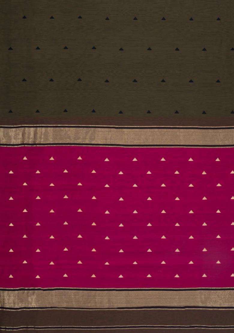 Default Title Dark Beige Handloom Maheswari Silk Cotton Saree With Buttas Zari Border With Buttas And Brocade Design For Women - Indya