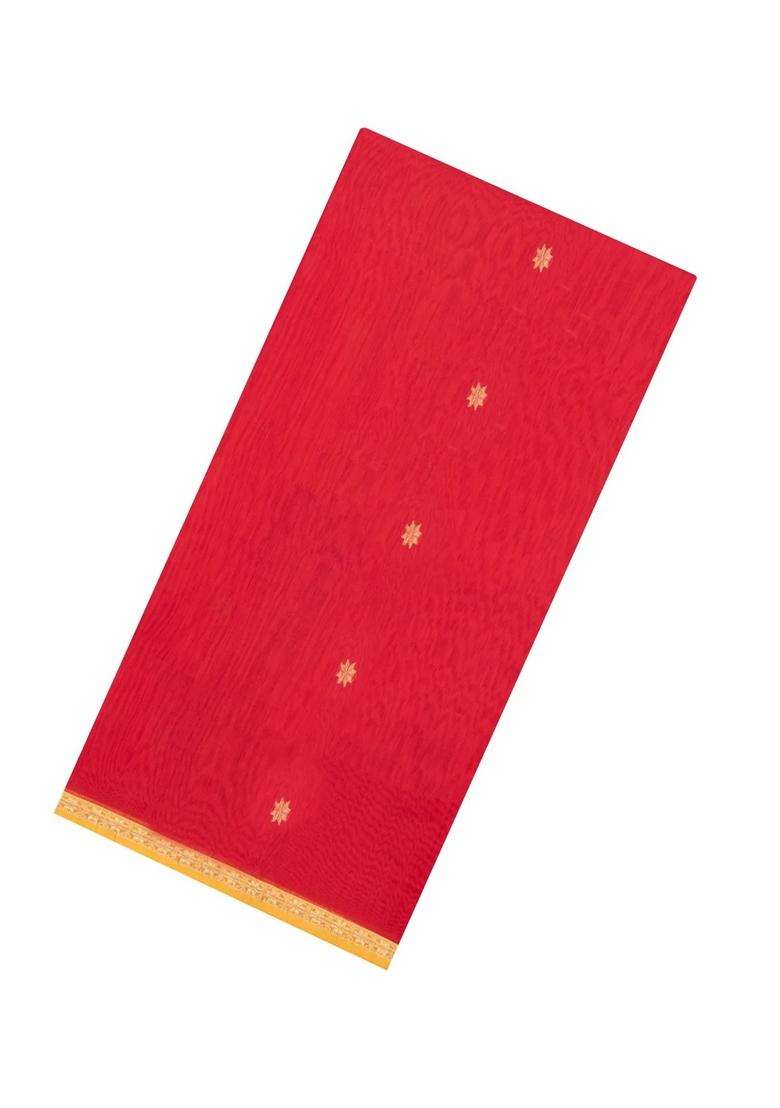 Red Handloom Maheswari Silk Cotton Saree With Buttas Zari Border With Buttas And Brocade Design For Women - Indya