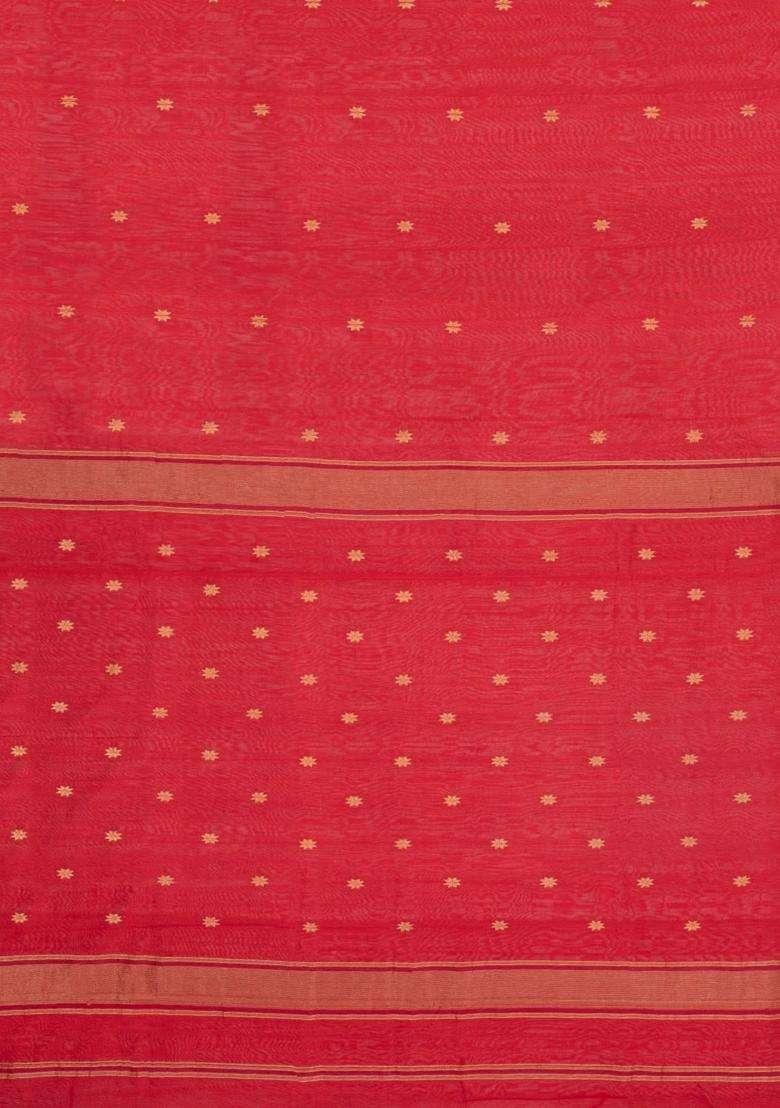 Red Handloom Maheswari Silk Cotton Saree With Buttas Zari Border With Buttas And Brocade Design For Women - Indya