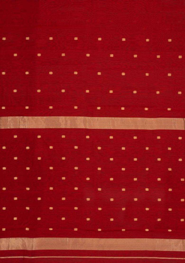 Red Handloom Maheswari Silk Cotton Saree With Buttas Zari Border With Buttas And Brocade Design For Women - Indya