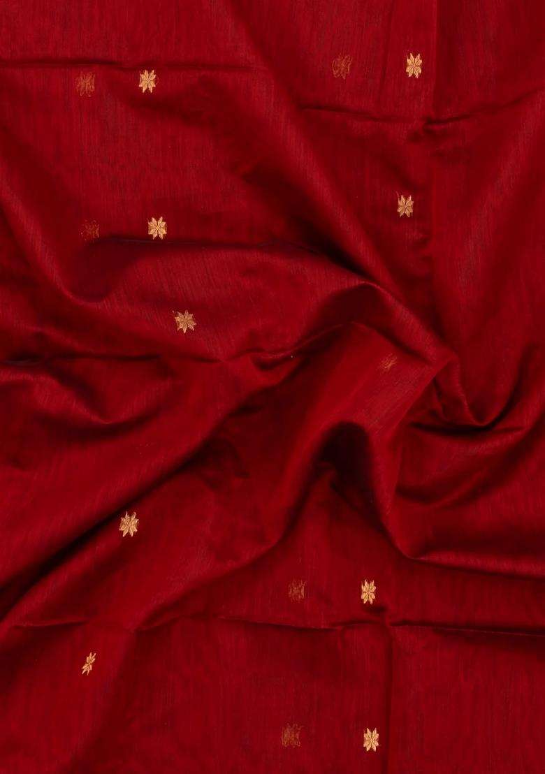 Red Handloom Maheswari Silk Cotton Saree With Buttas Zari Border With Buttas And Brocade Design For Women - Indya
