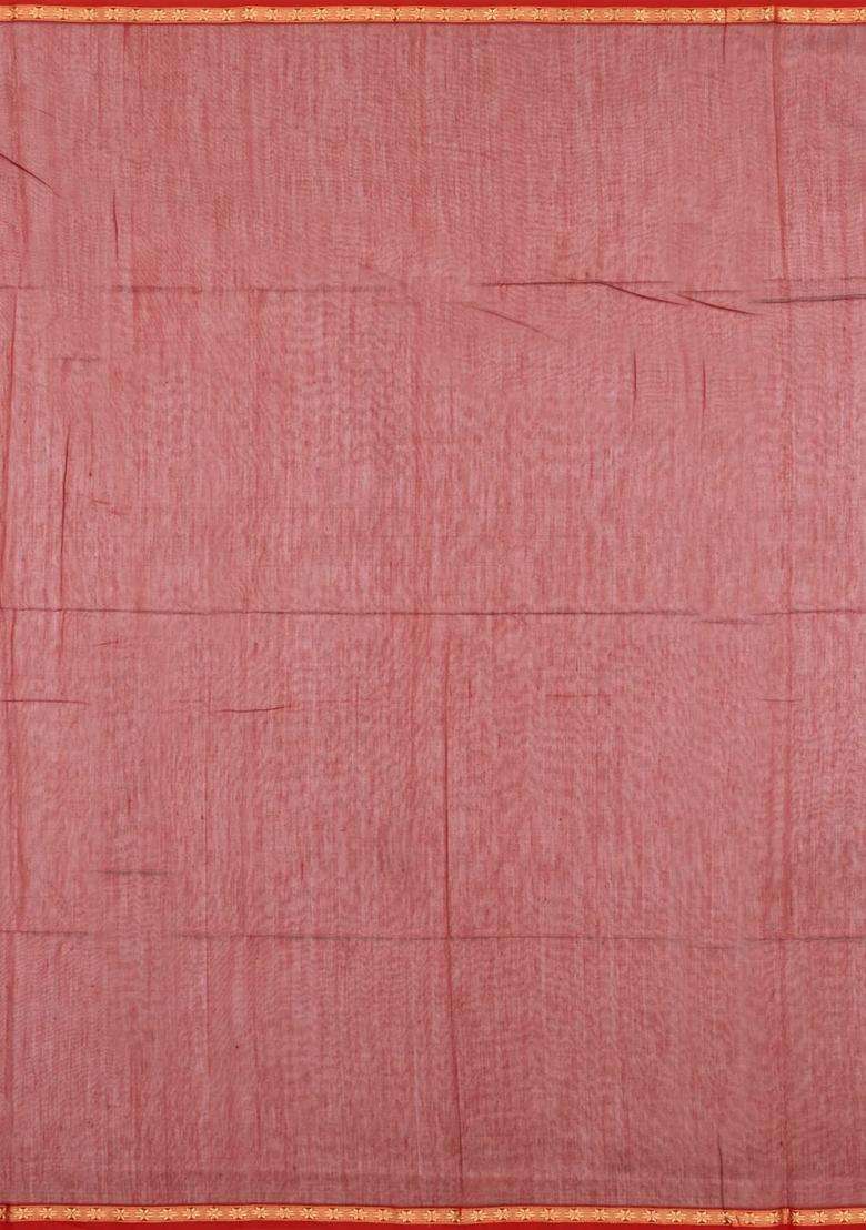 Red Handloom Maheswari Silk Cotton Saree With Buttas Zari Border With Buttas And Brocade Design For Women - Indya