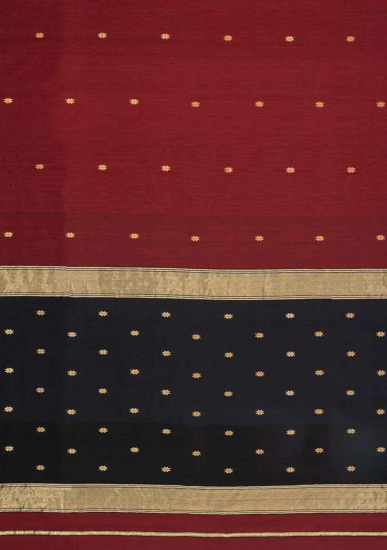 Maroon Handloom Maheswari Silk Cotton Saree With Buttas Zari Border With Buttas And Brocade Design For Women - Indya